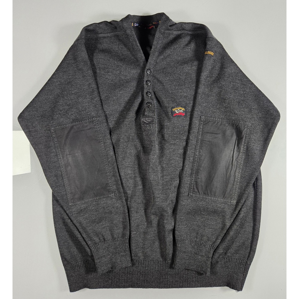 Paul & Shark Yachting Mens Large Gray Henley Sweater Elbow Patches Made in Italy